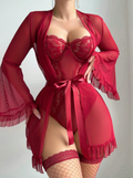 VYLA Lace Sheer Robe Lingerie Set – Elegant Transparent Bodysuit with Satin Ribbon