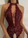 Rust Brown High Neck Deep V Lace Teddy – Crotchless Cut-Out Bodysuit, Multi-Color