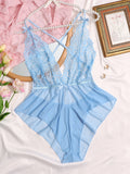 Ice Blue Lace Peplum Deep V Teddy – Cross-Back Mesh Bodysuit, Multi-Color