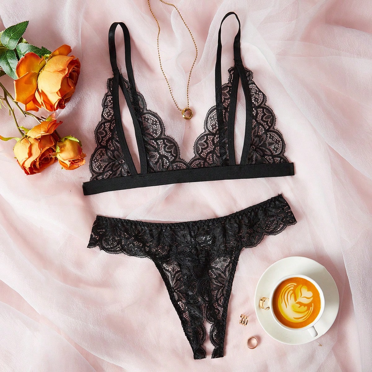 Strappy Lace Bralette & Crotchless Thong Set – Minimal Sexy Lingerie, Multi-Color