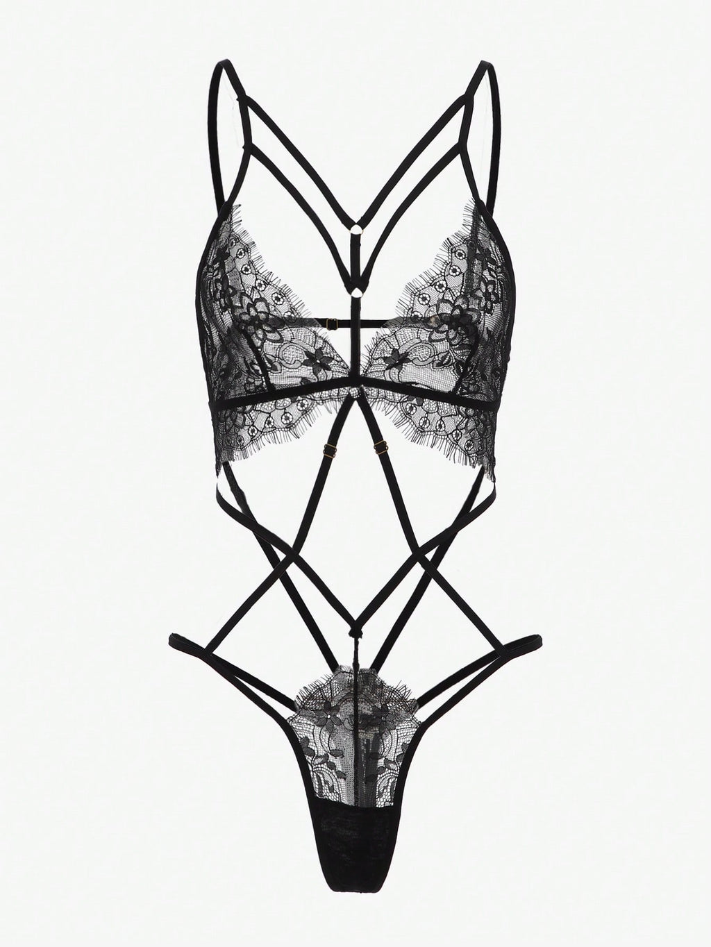 Black Strappy Lace Bodysuit Thong