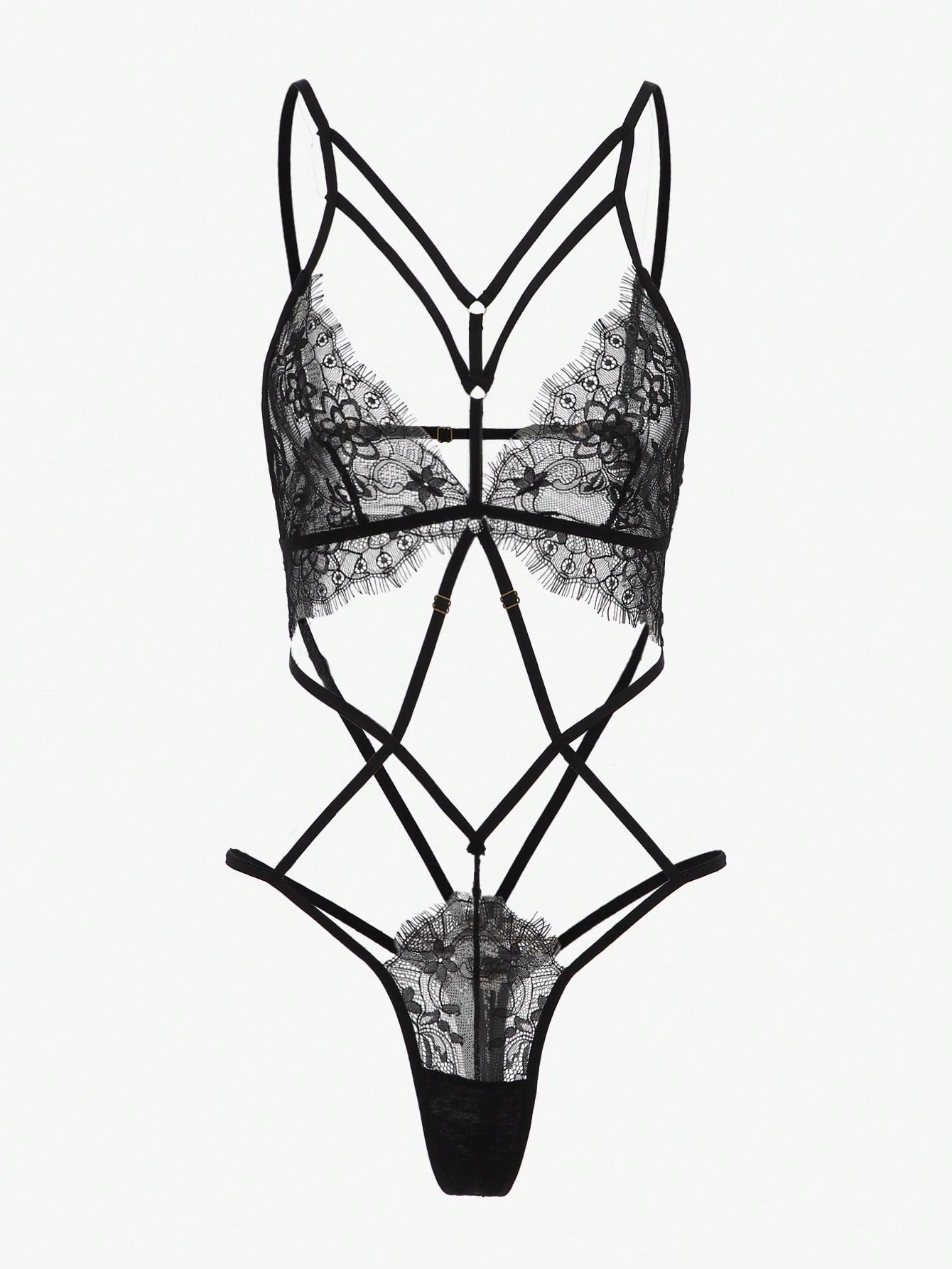 Black Strappy Lace Bodysuit Thong