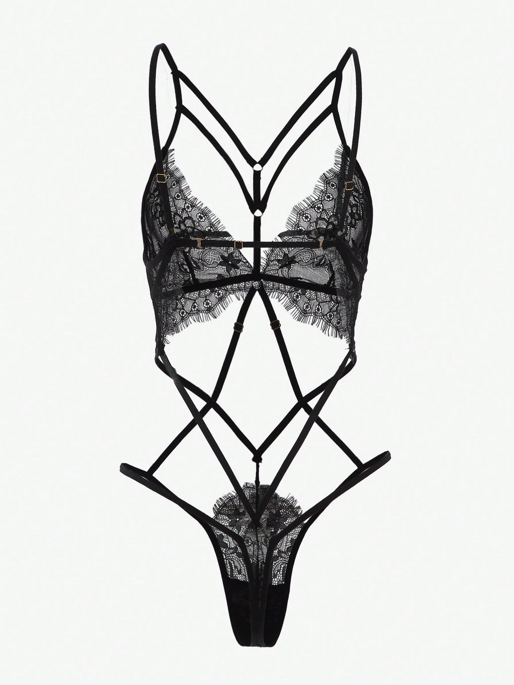 Black Strappy Lace Bodysuit Thong