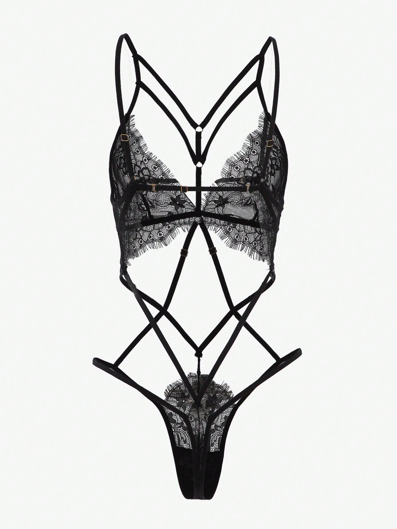 Black Strappy Lace Bodysuit Thong