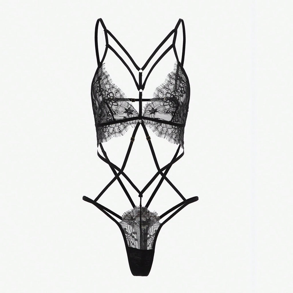 Black Strappy Lace Bodysuit Thong