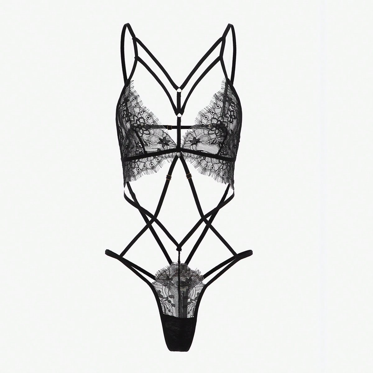 Black Strappy Lace Bodysuit Thong