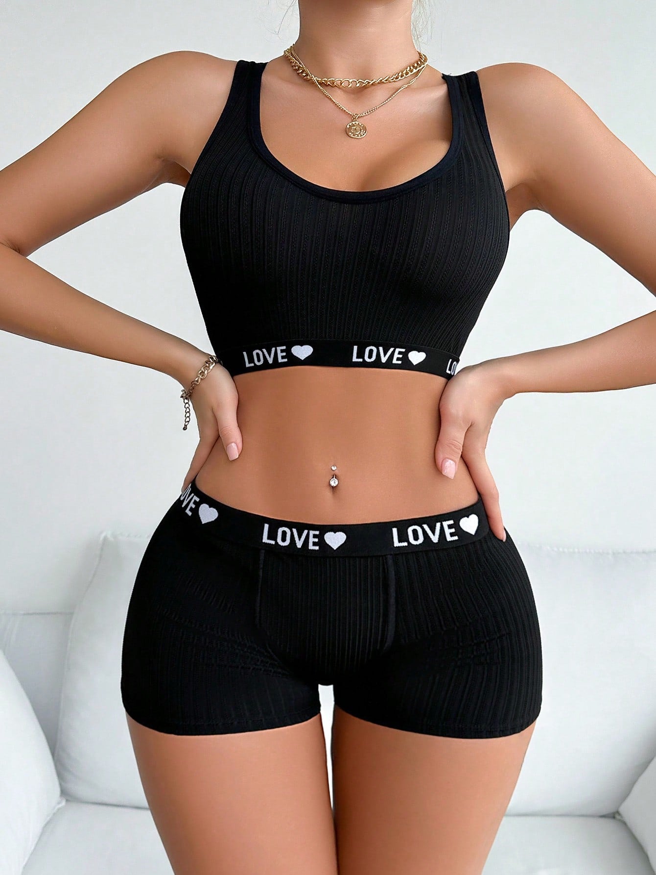 LOVE Letter Ribbed Sports Bralette & Boyshorts Set – Comfy Lounge Underwear