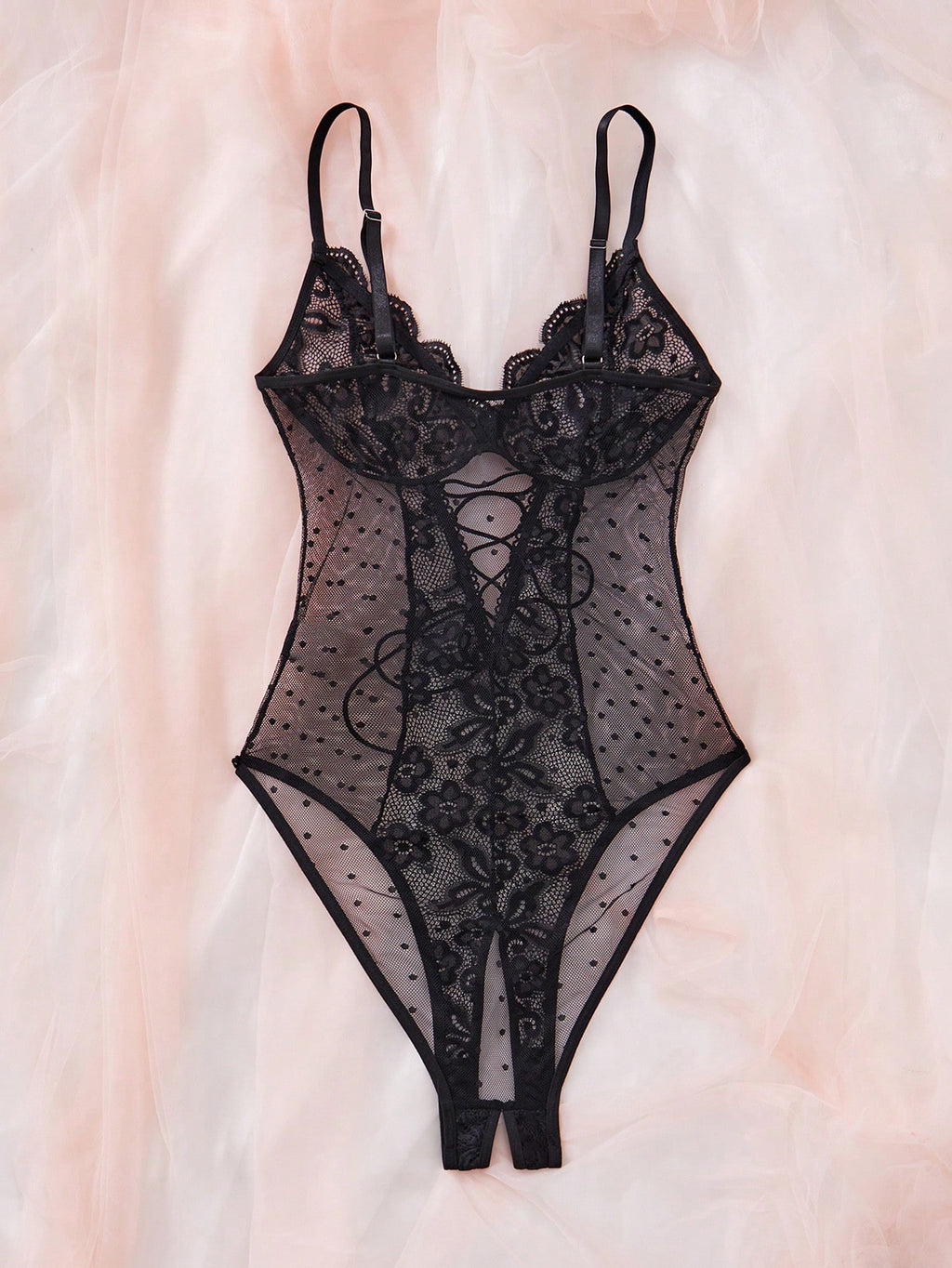 French Floral Lace Sheer Teddy Bodysuit with Front Lace-Up
