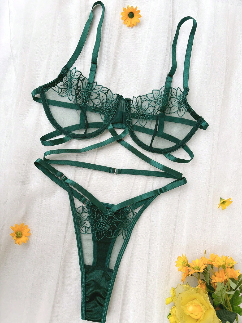 Emerald Floral Embroidered Cage Bra & Strappy Thong Set – Sexy Sheer Lingerie