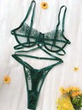 Emerald Floral Embroidered Cage Bra & Strappy Thong Set – Sexy Sheer Lingerie