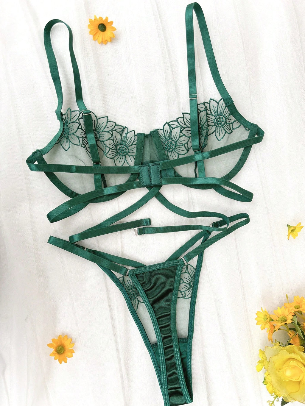 Emerald Floral Embroidered Cage Bra & Strappy Thong Set – Sexy Sheer Lingerie