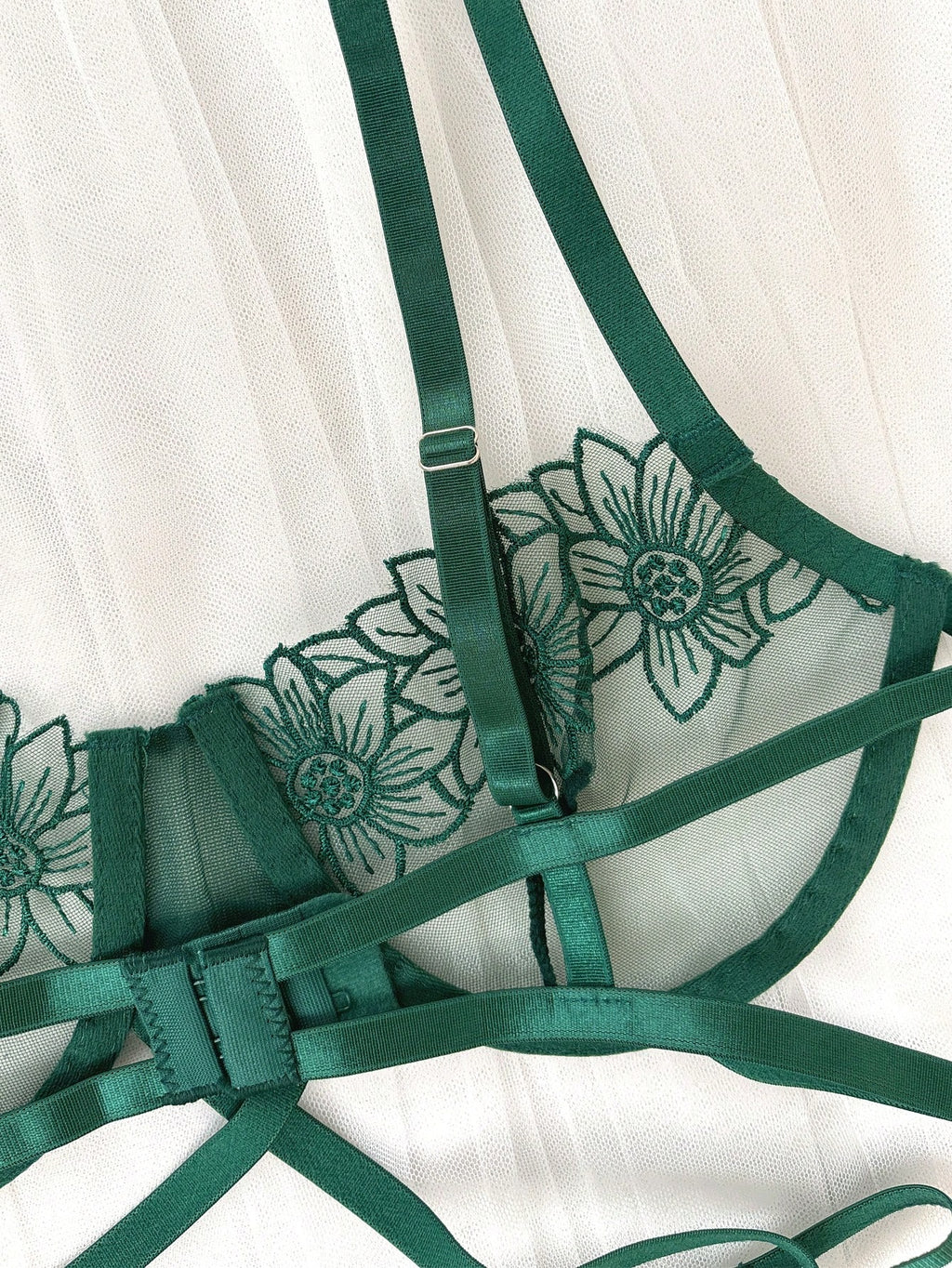 Emerald Floral Embroidered Cage Bra & Strappy Thong Set – Sexy Sheer Lingerie