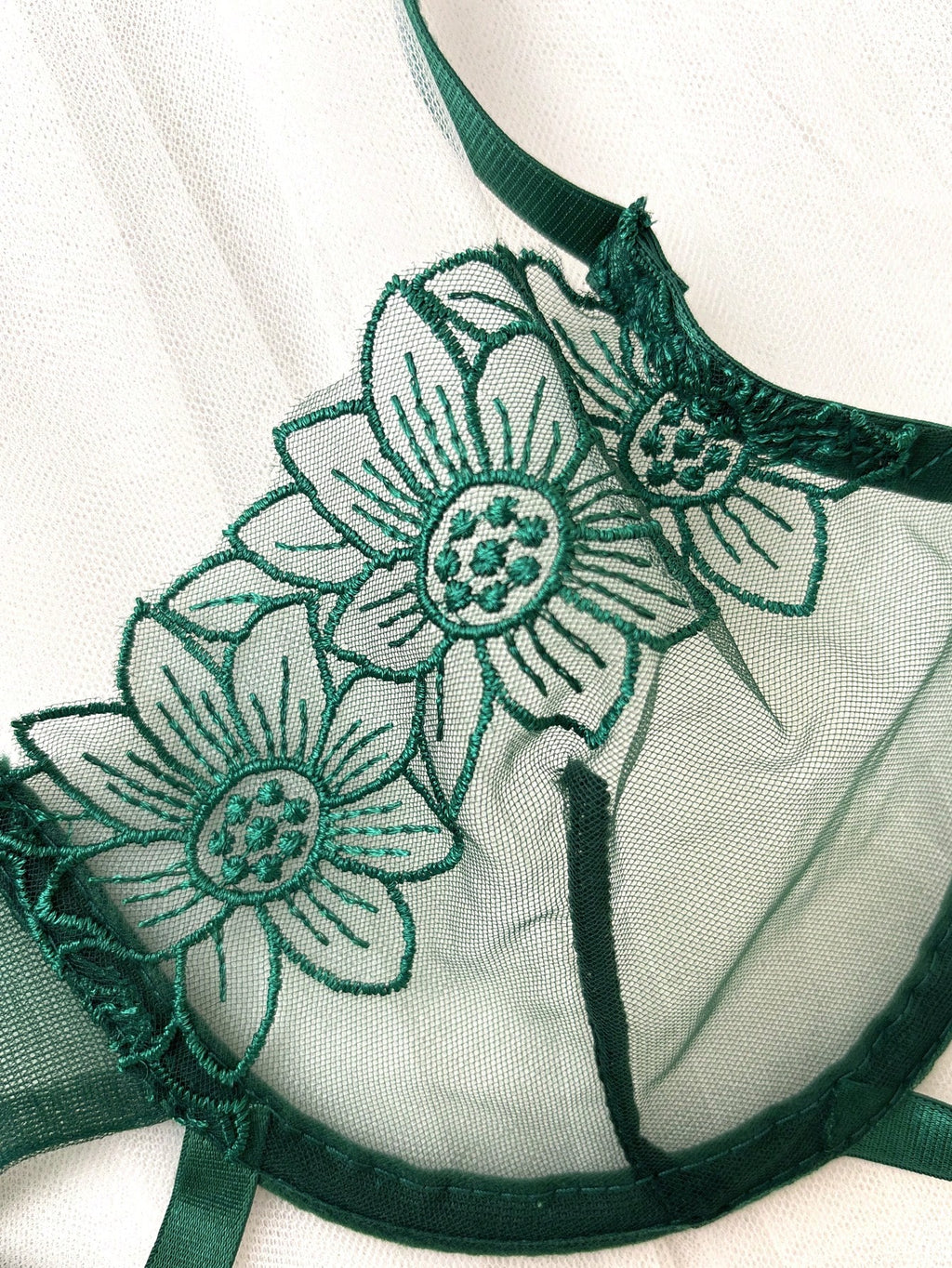 Emerald Floral Embroidered Cage Bra & Strappy Thong Set – Sexy Sheer Lingerie