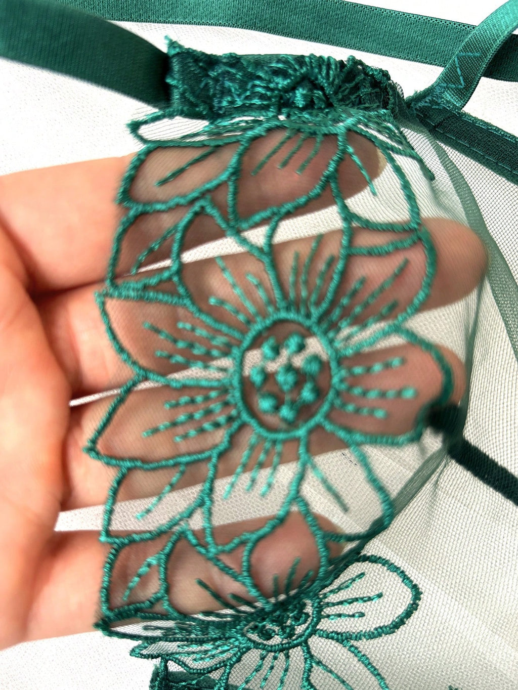 Emerald Floral Embroidered Cage Bra & Strappy Thong Set – Sexy Sheer Lingerie