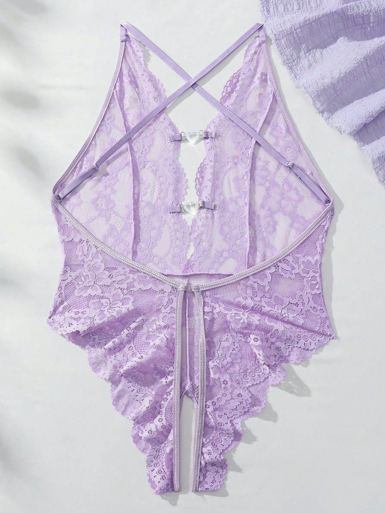 Lilac Heart Charm Lace Crotchless Teddy – Floral Cross-Back Bodysuit, Multi-Color