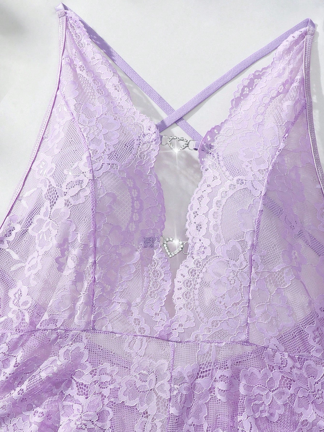 Lilac Heart Charm Lace Crotchless Teddy – Floral Cross-Back Bodysuit, Multi-Color