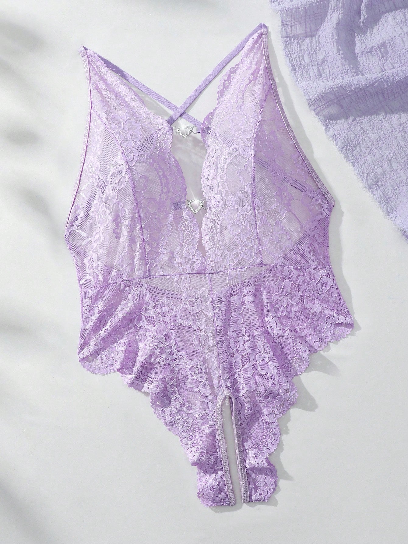 Lilac Heart Charm Lace Crotchless Teddy – Floral Cross-Back Bodysuit, Multi-Color
