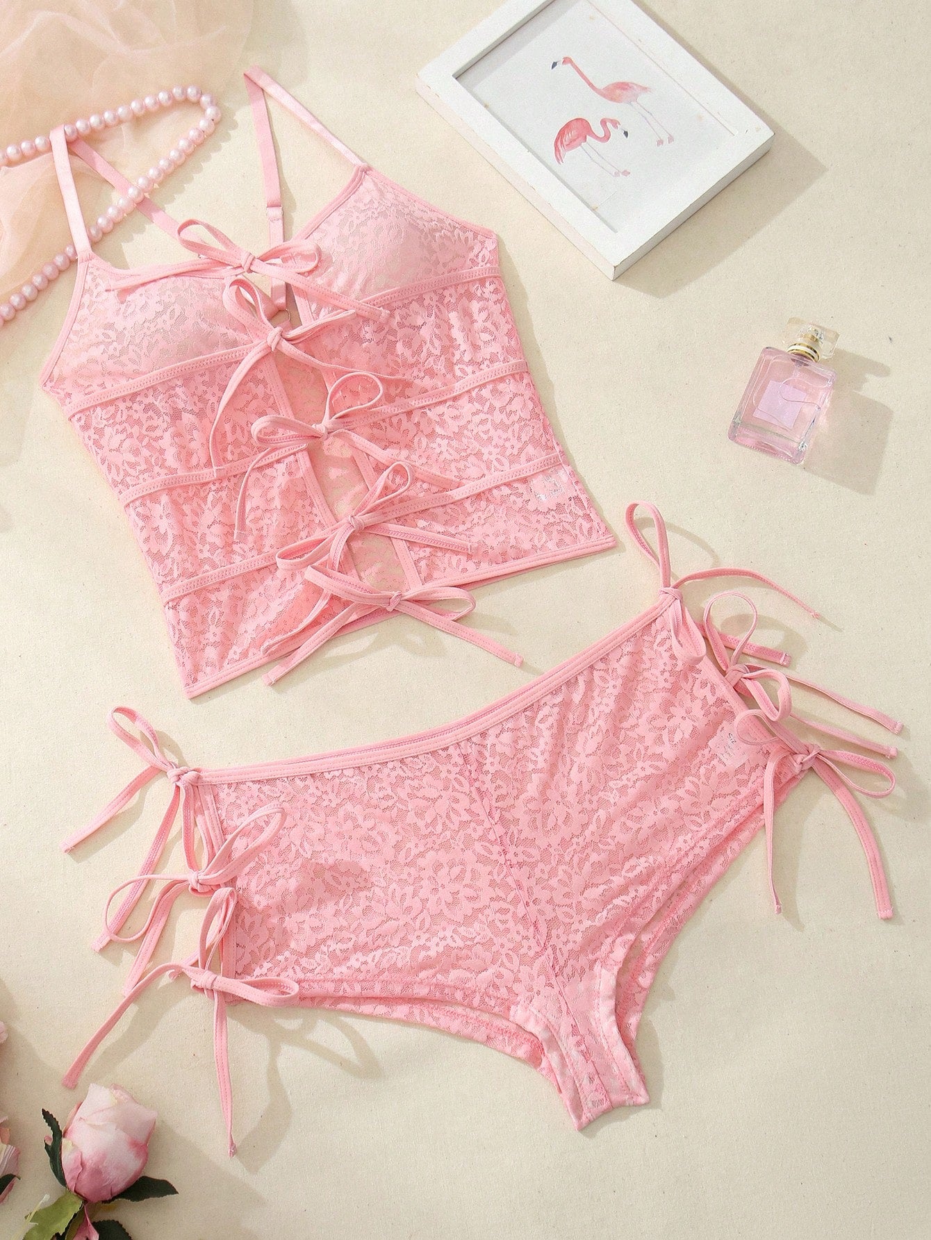 Pink Lace-Up Longline Top & High-Waist Shorts Set – Strappy Sexy Lingerie