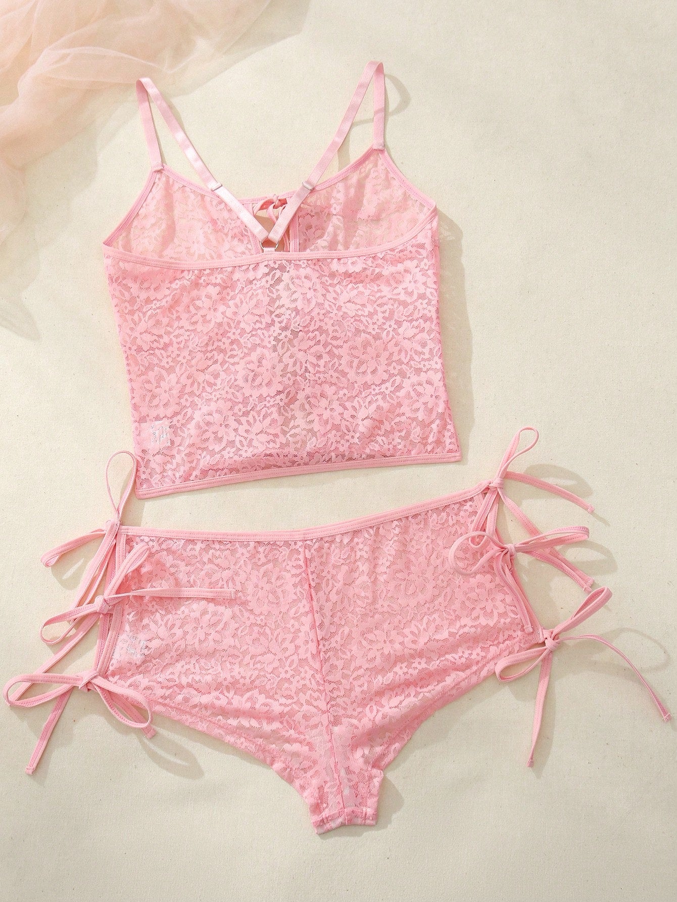 Pink Lace-Up Longline Top & High-Waist Shorts Set – Strappy Sexy Lingerie