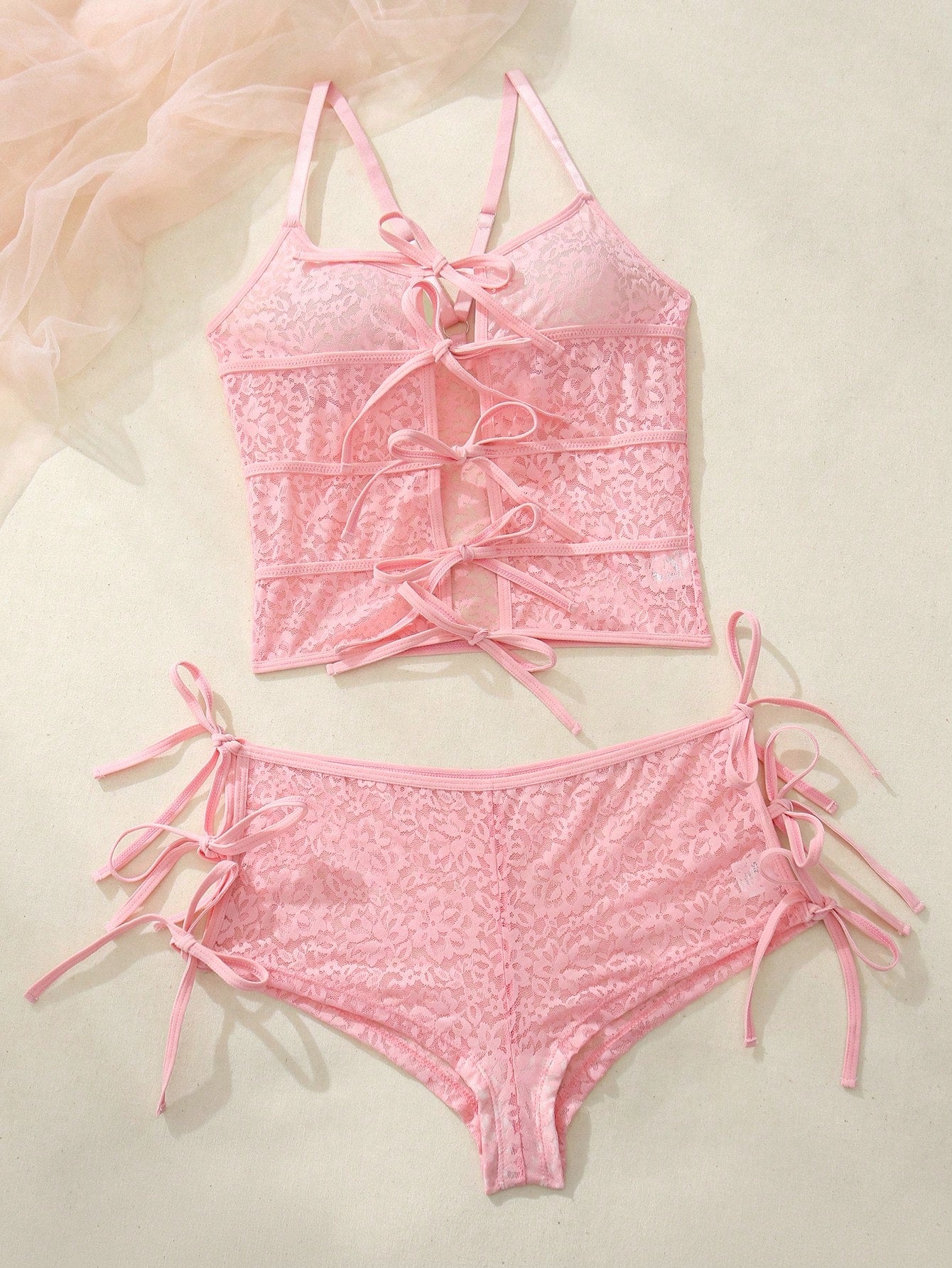 Pink Lace-Up Longline Top & High-Waist Shorts Set – Strappy Sexy Lingerie