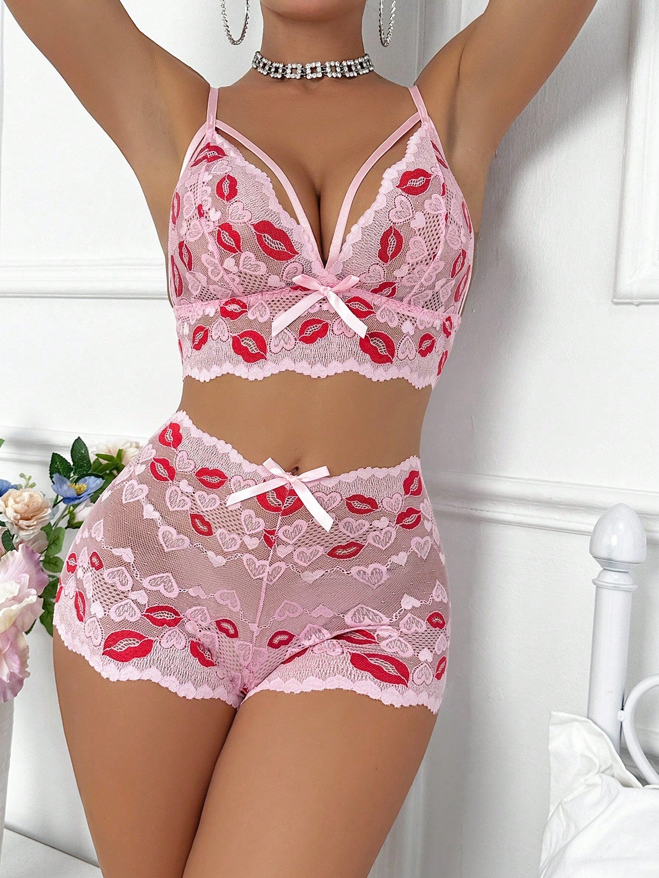 Pink Kisses & Hearts Lace Longline Bralette & High-Waist Shorts Set – Sweet Valentine Lingerie