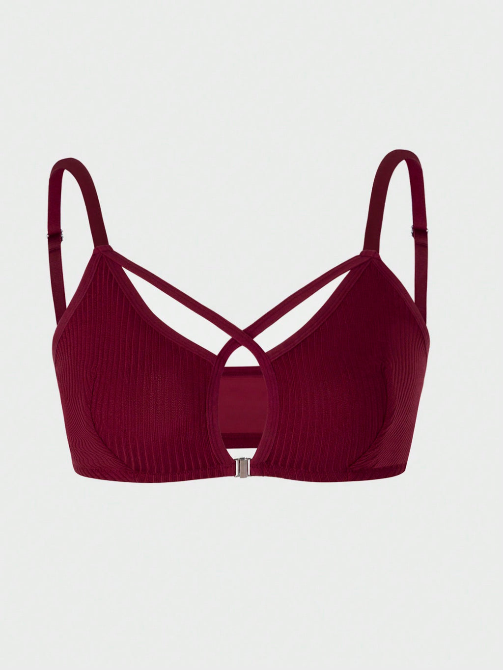 Wine Red Front-Clasp Crisscross Wireless Bra (Ribbed)
