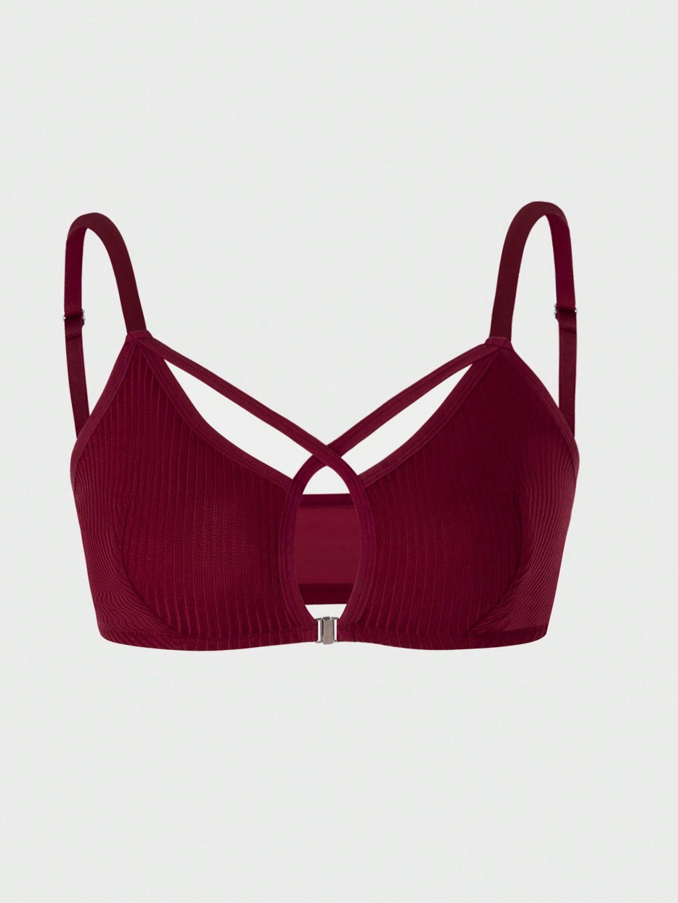 Wine Red Front-Clasp Crisscross Wireless Bra (Ribbed)