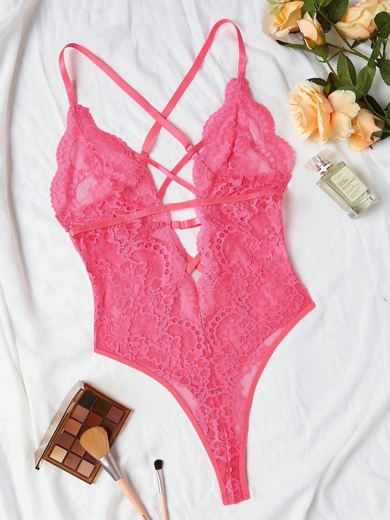 Crisscross Floral Lace Deep V Teddy – Sexy High-Cut Lace Bodysuit, Multi-Color