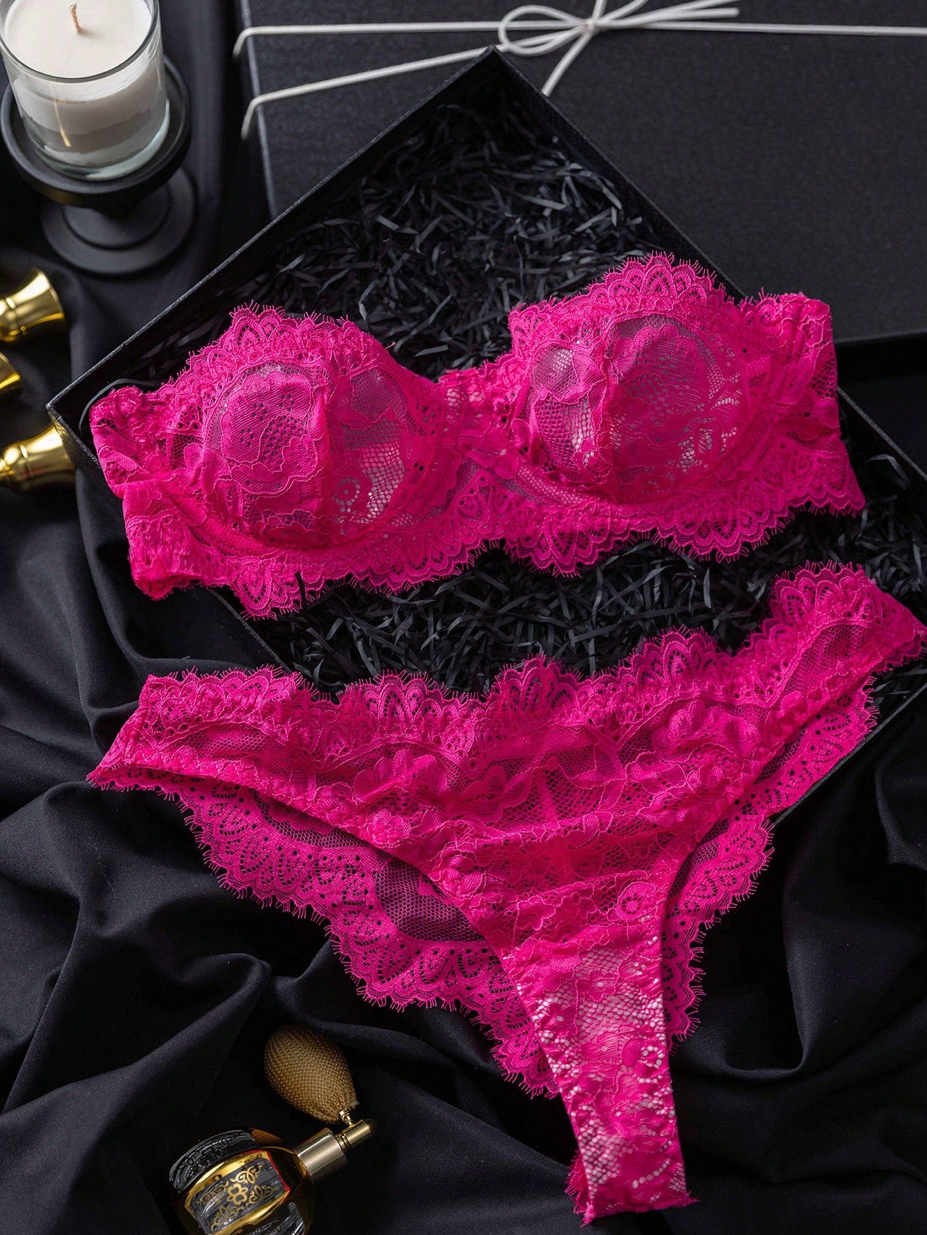 Vibrant Floral Lace Bra & Thong Lingerie Set – Sheer Gift-Ready, Multi-Color