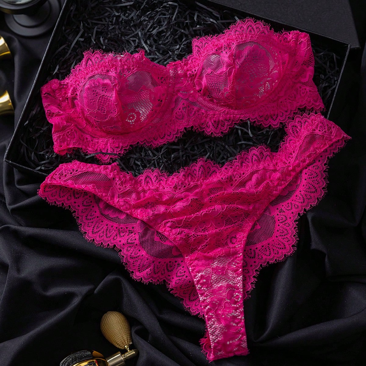 Vibrant Floral Lace Bra & Thong Lingerie Set – Sheer Gift-Ready, Multi-Color