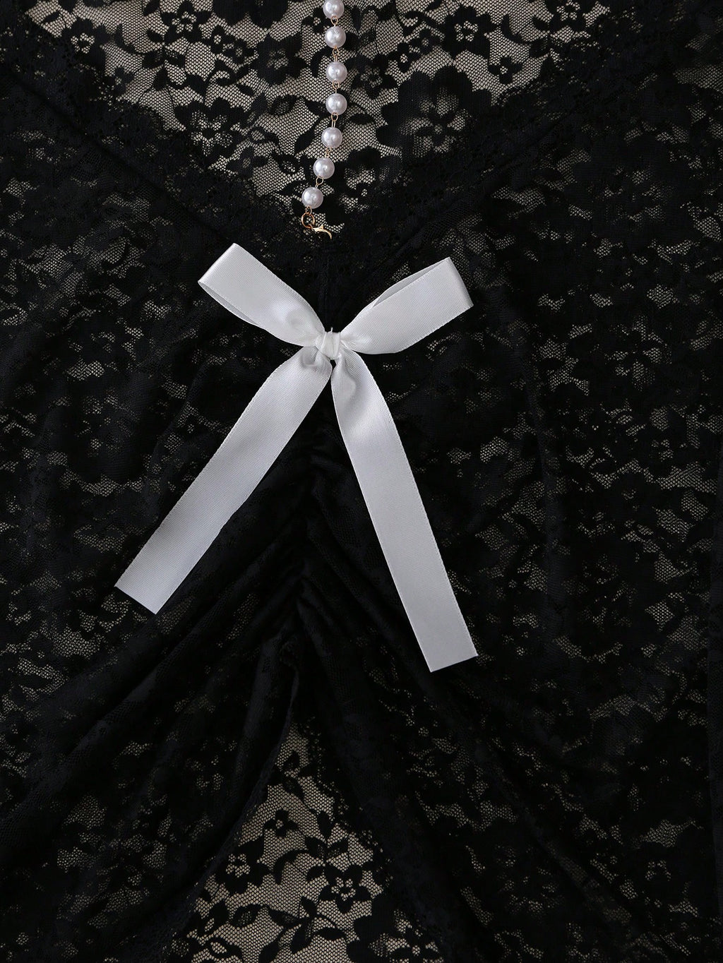 Black Lace Chemise with Pearl Neck Chain & Bow – Sheer Sexy Nightdress, Multi-Color