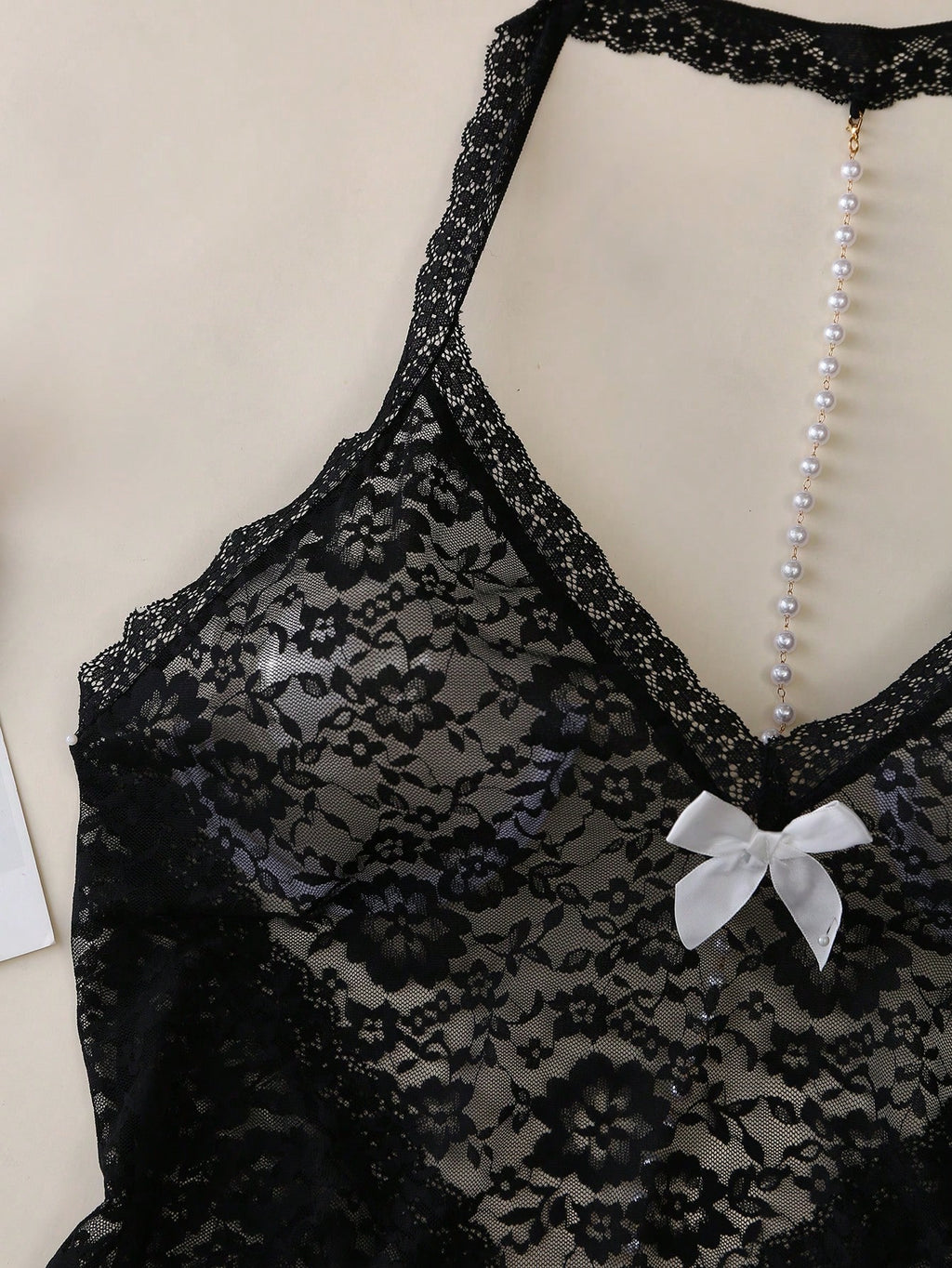 Black Lace Chemise with Pearl Neck Chain & Bow – Sheer Sexy Nightdress, Multi-Color