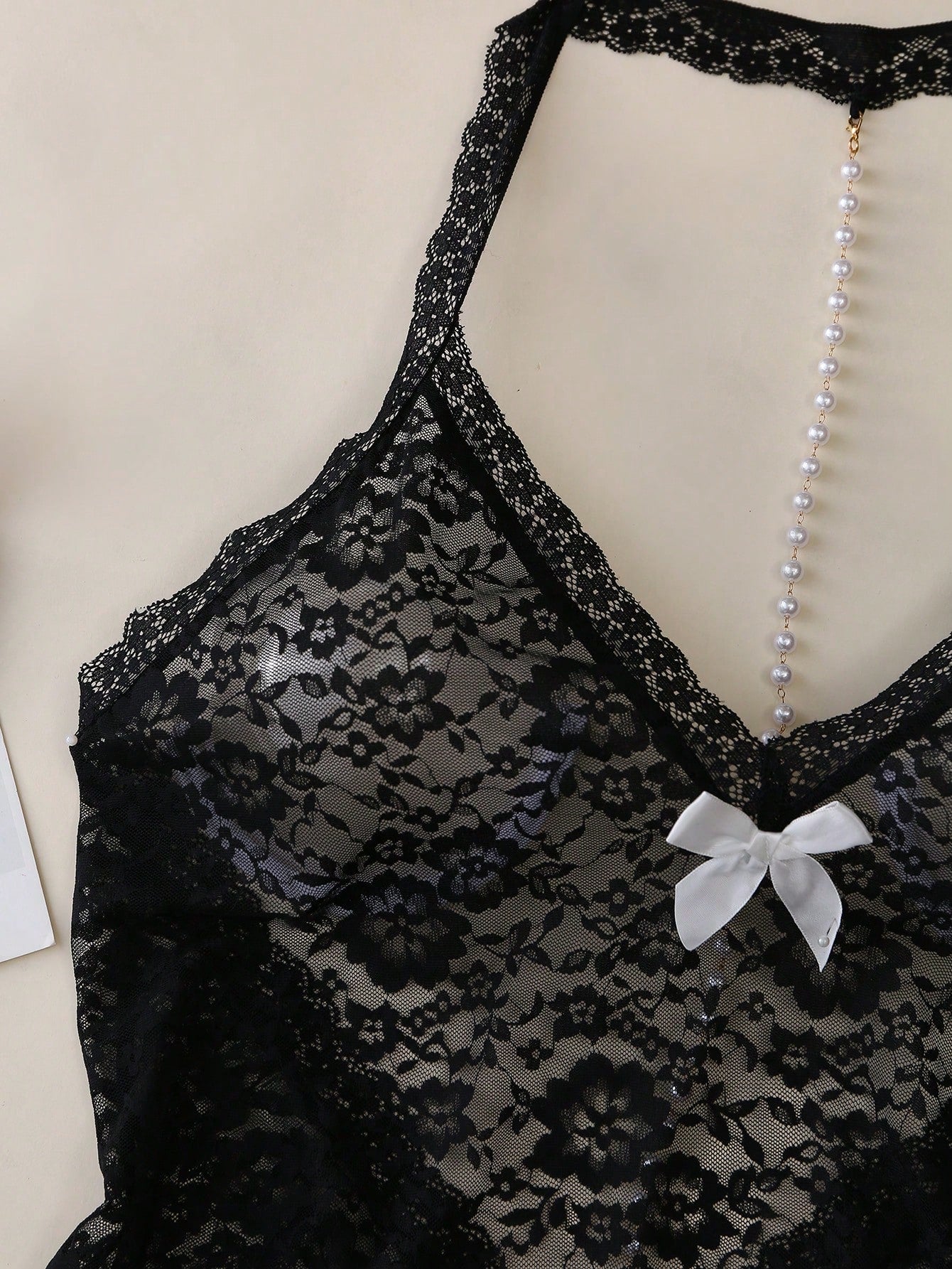 Black Lace Chemise with Pearl Neck Chain & Bow – Sheer Sexy Nightdress, Multi-Color