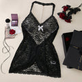 Black Lace Chemise with Pearl Neck Chain & Bow – Sheer Sexy Nightdress, Multi-Color