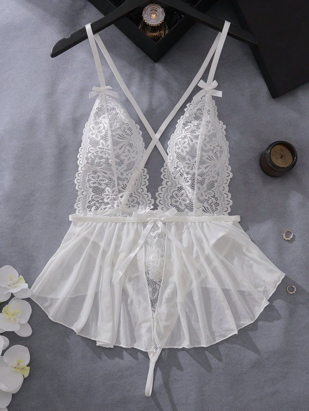 White Plunge Floral Lace Babydoll Teddy (Adjustable Straps)