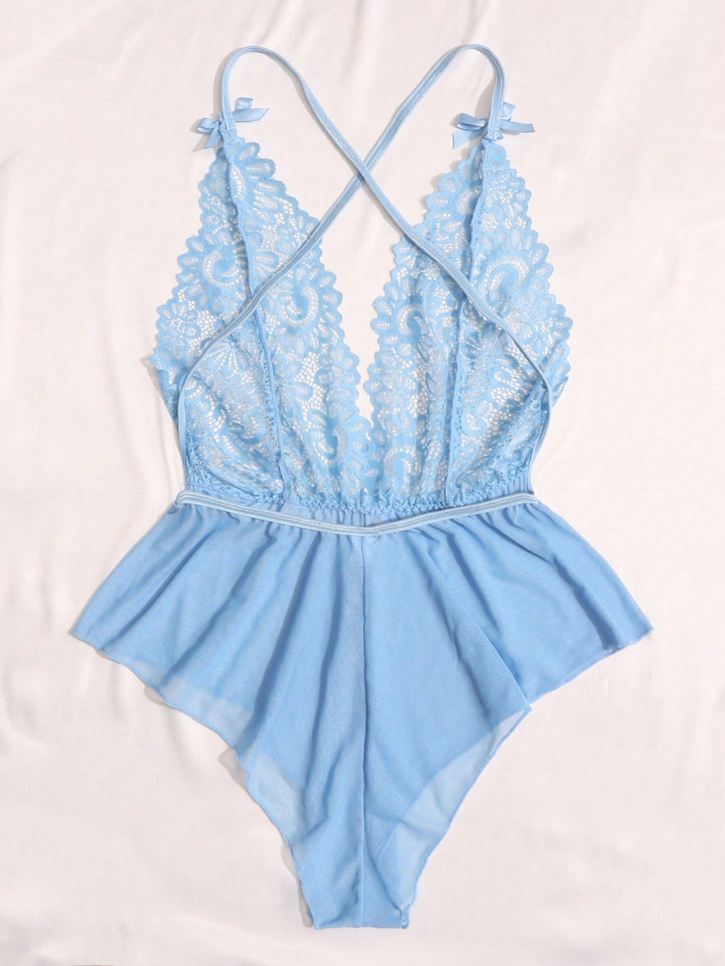Ice Blue Lace Peplum Deep V Teddy – Cross-Back Mesh Bodysuit, Multi-Color