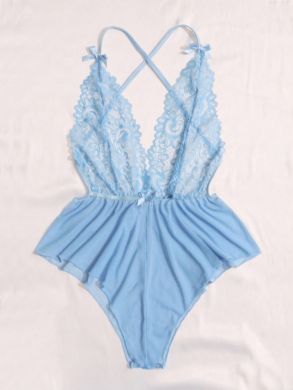 Ice Blue Lace Peplum Deep V Teddy – Cross-Back Mesh Bodysuit, Multi-Color
