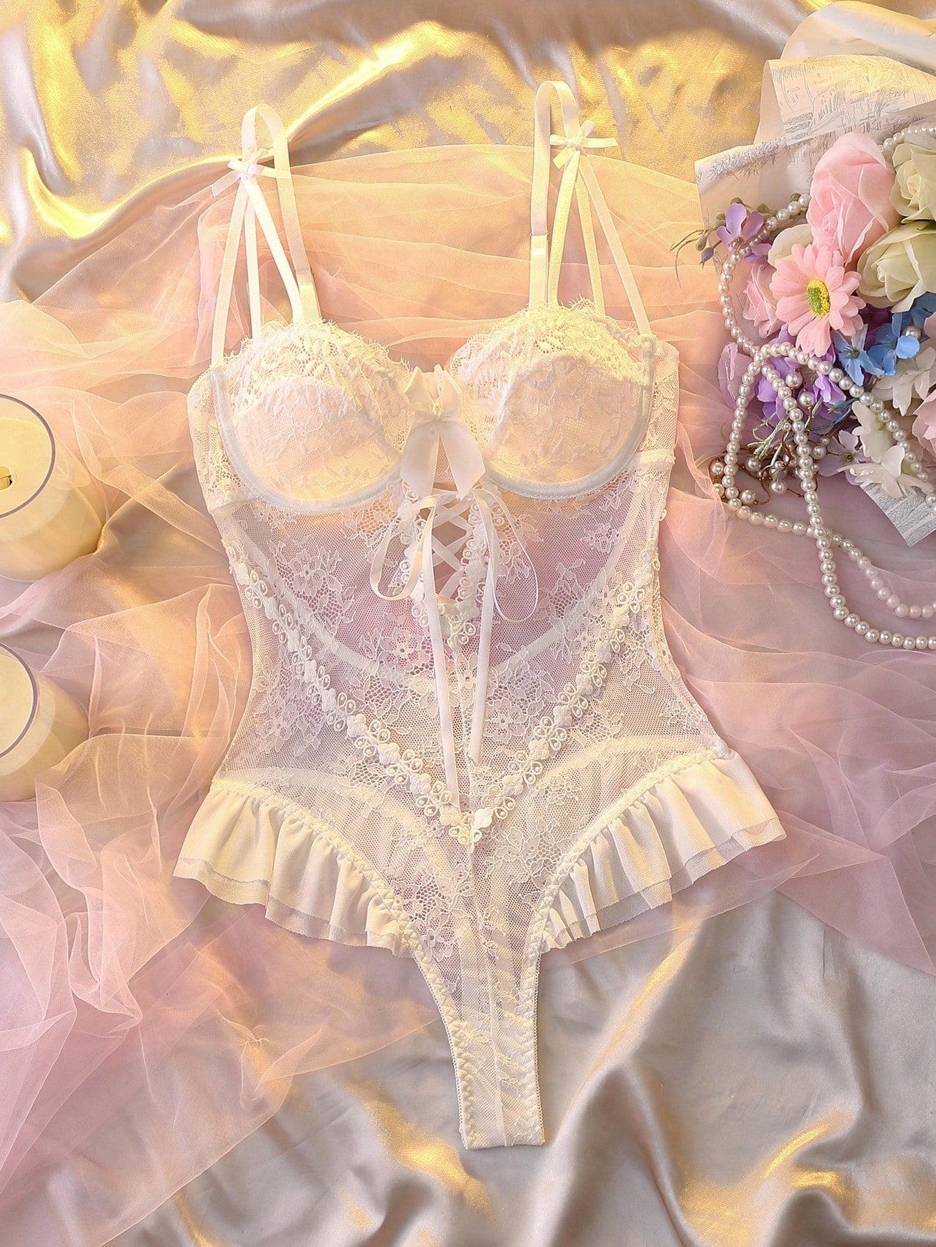 White Bow Lace Ruffle Teddy & Lace Accessory Set – Bridal Boudoir Lingerie, Multi-Color