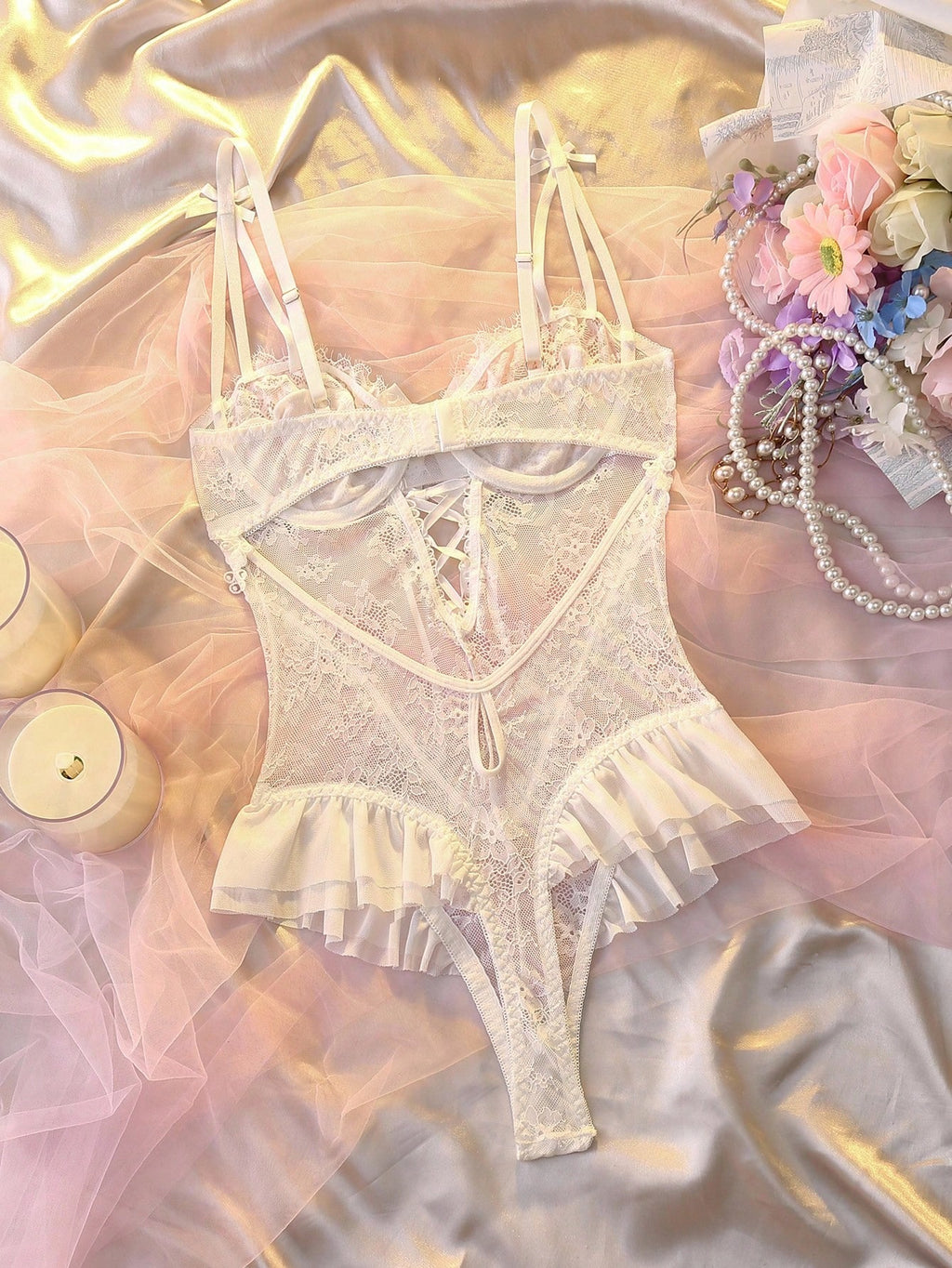 White Bow Lace Ruffle Teddy & Lace Accessory Set – Bridal Boudoir Lingerie, Multi-Color