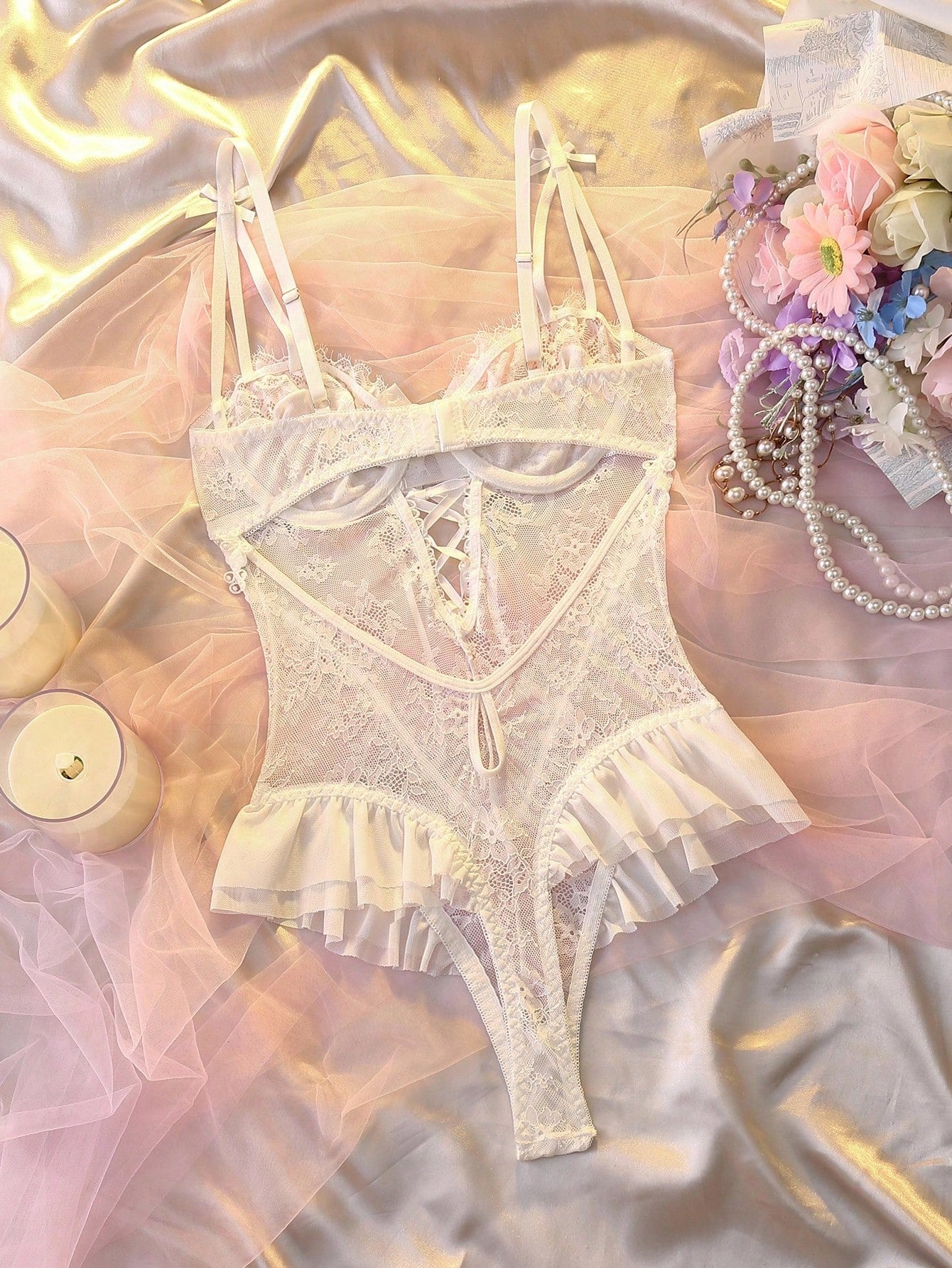 White Bow Lace Ruffle Teddy & Lace Accessory Set – Bridal Boudoir Lingerie, Multi-Color