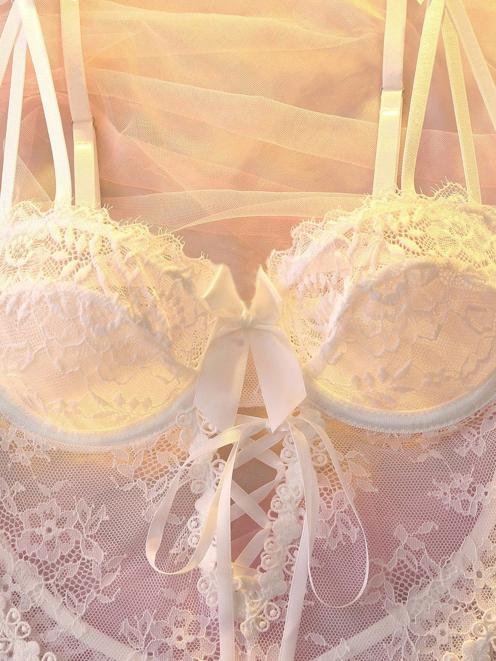 White Bow Lace Ruffle Teddy & Lace Accessory Set – Bridal Boudoir Lingerie, Multi-Color