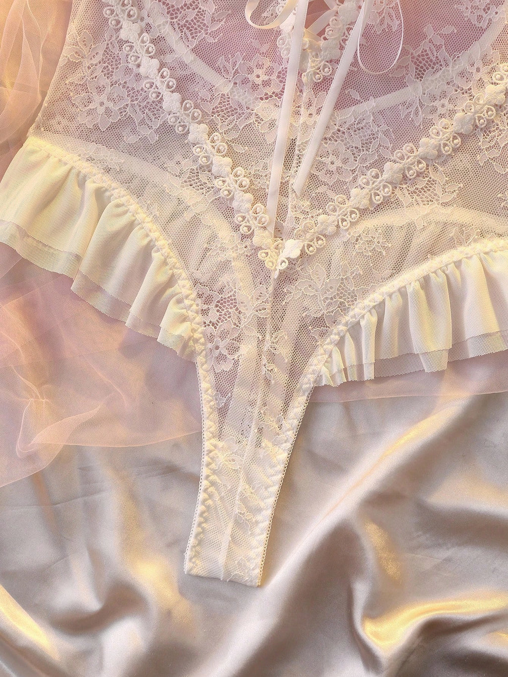 White Bow Lace Ruffle Teddy & Lace Accessory Set – Bridal Boudoir Lingerie, Multi-Color