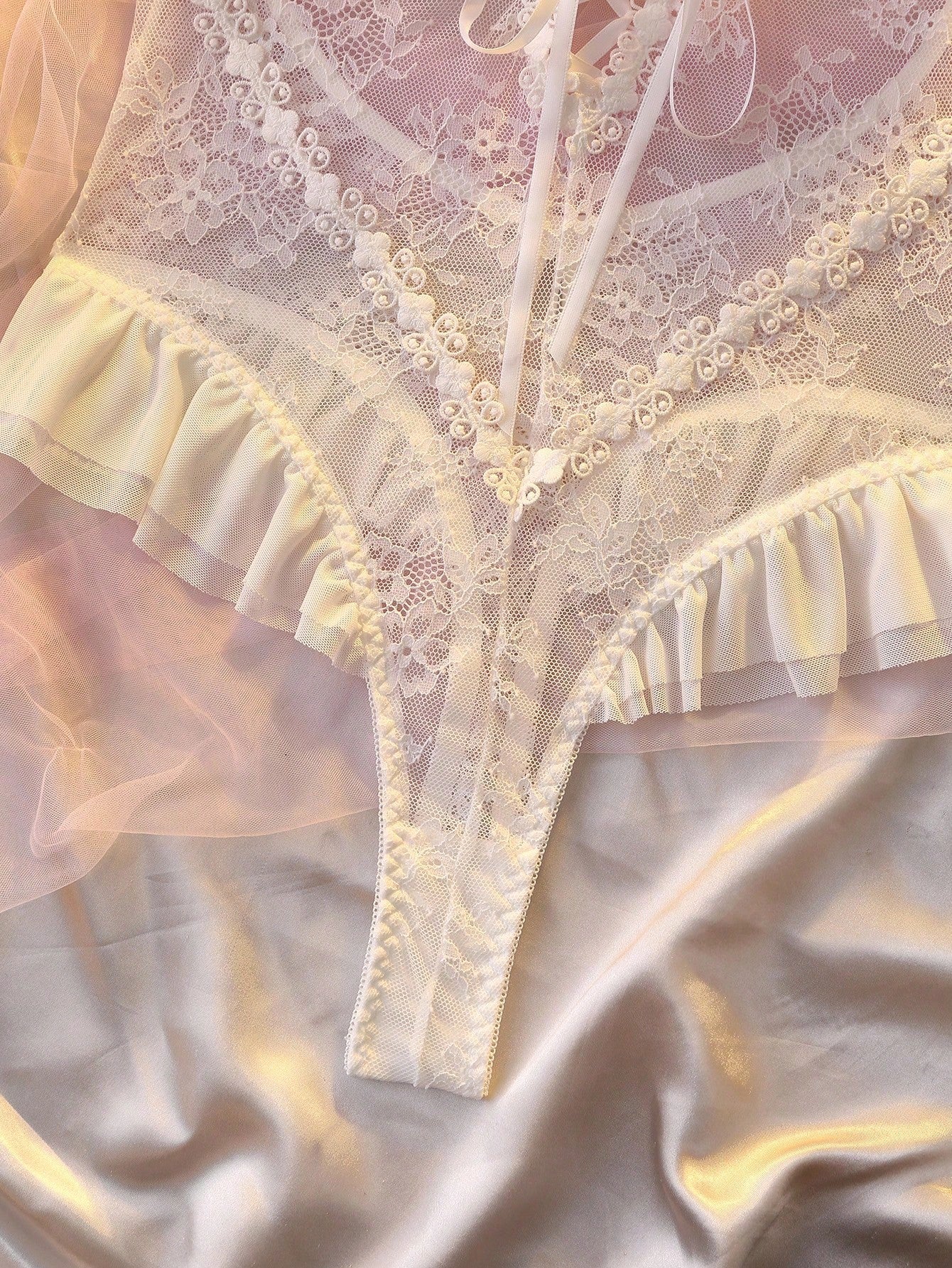 White Bow Lace Ruffle Teddy & Lace Accessory Set – Bridal Boudoir Lingerie, Multi-Color