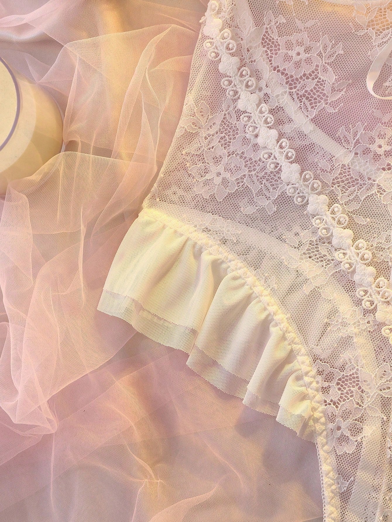 White Bow Lace Ruffle Teddy & Lace Accessory Set – Bridal Boudoir Lingerie, Multi-Color