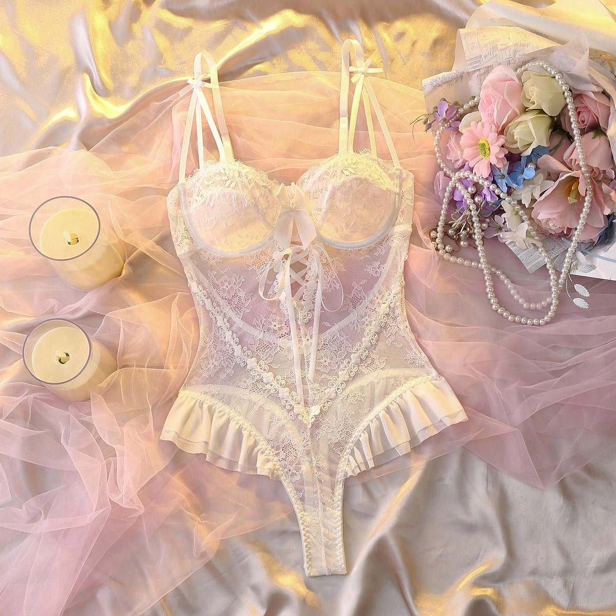 White Bow Lace Ruffle Teddy & Lace Accessory Set – Bridal Boudoir Lingerie, Multi-Color