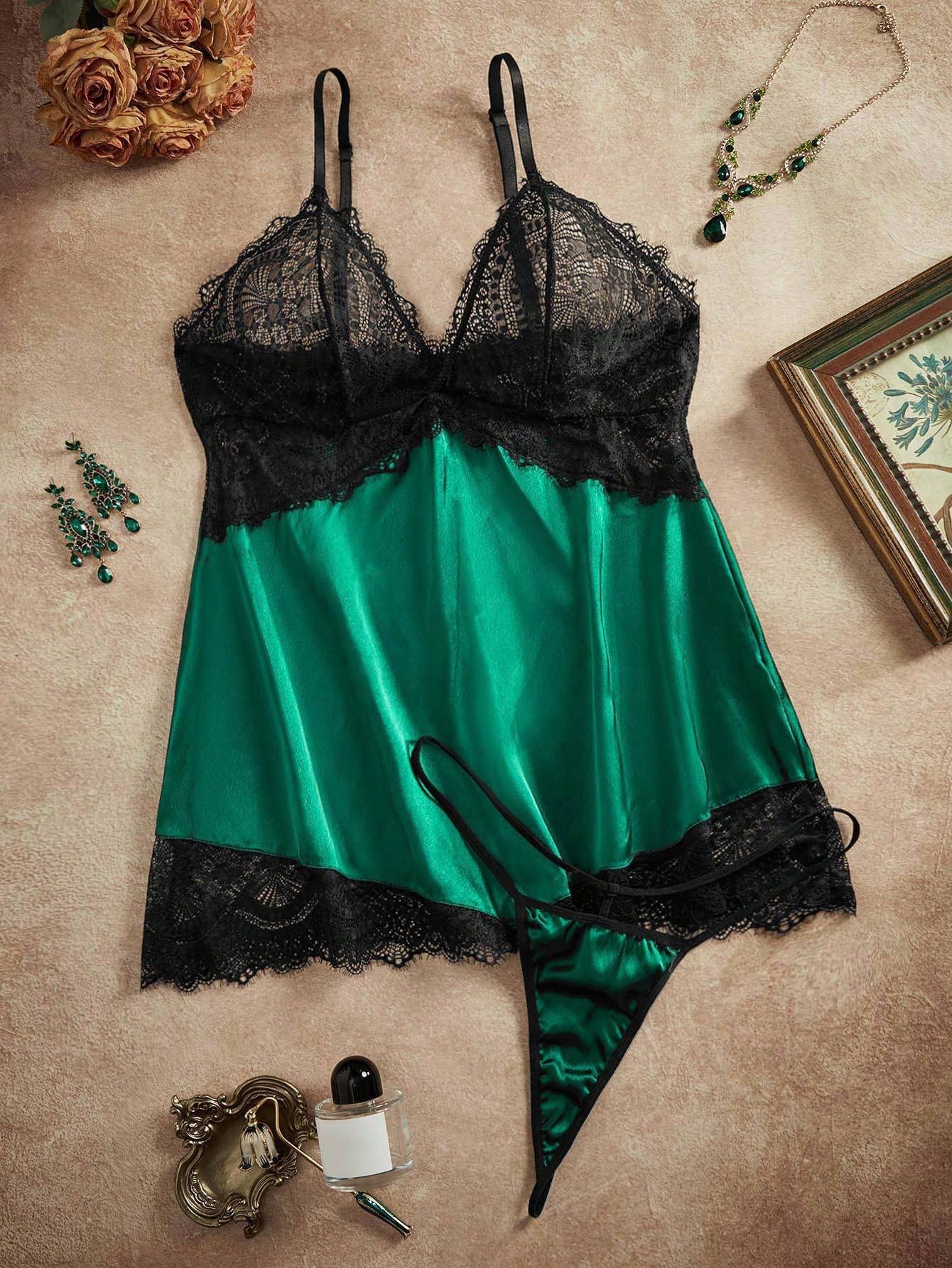 Plus Size Lace & Satin Deep V Chemise – Sexy Curvy Nightdress, Multi-Color