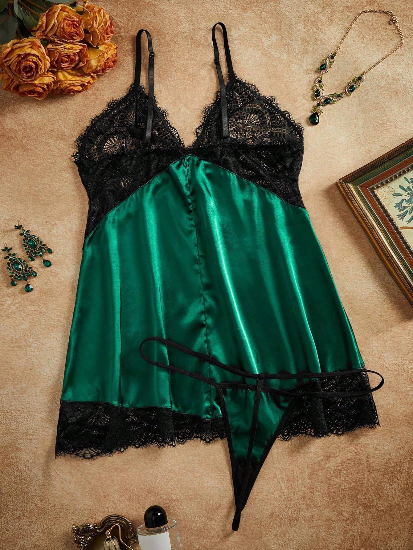 Plus Size Lace & Satin Deep V Chemise – Sexy Curvy Nightdress, Multi-Color