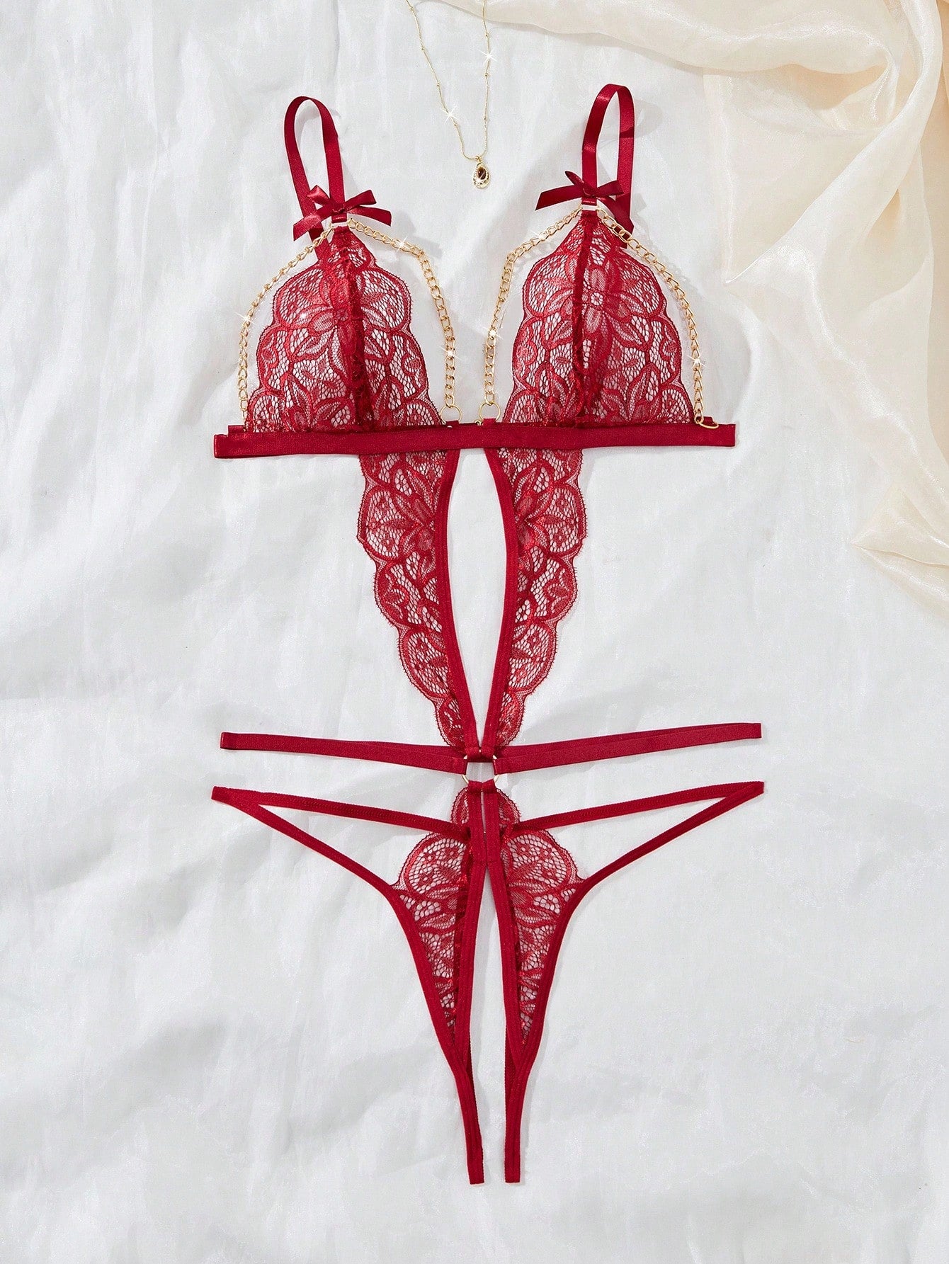 Strappy Silhouette with Bows | Festive Red Lace