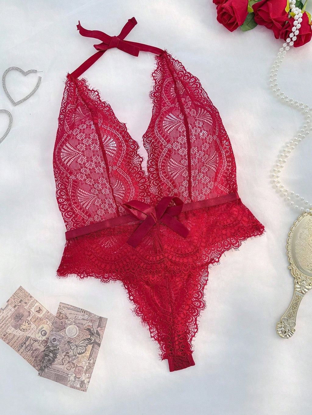 Deep V Lace Halter Teddy with Satin Waist Tie – Sexy High-Cut Bodysuit, Multi-Color