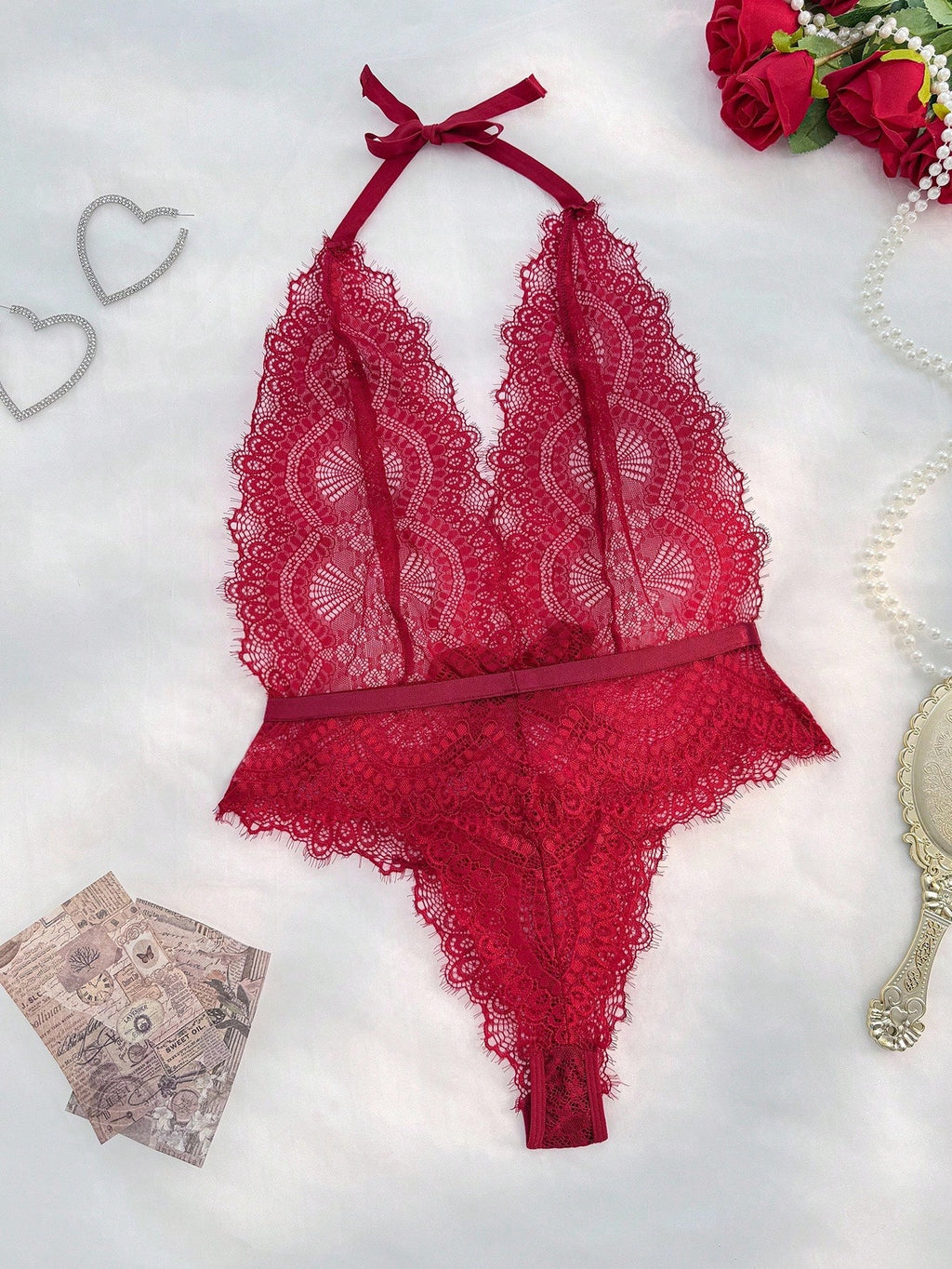 Deep V Lace Halter Teddy with Satin Waist Tie – Sexy High-Cut Bodysuit, Multi-Color